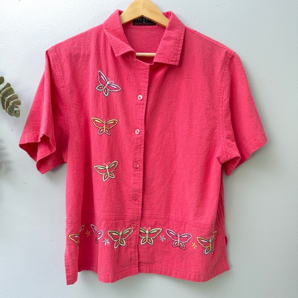 Vtg Afiva Shirt Cottagecore Coquette Button Up Embroidered Butterfly Pink Gma